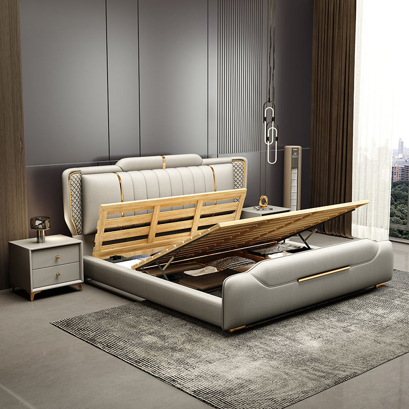 Modern King-Size Bedroom Furniture Set Direct Factory Sales Soft Upholstered Bed Wooden Frame Rotating Storage No-Wash Design