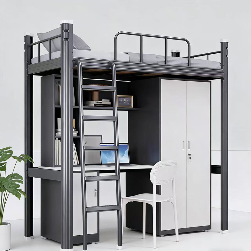 Space Saving Metal Bunk for Small Bedroom Features PC Rack and Clothes Cabinet Loft Bed with Desk