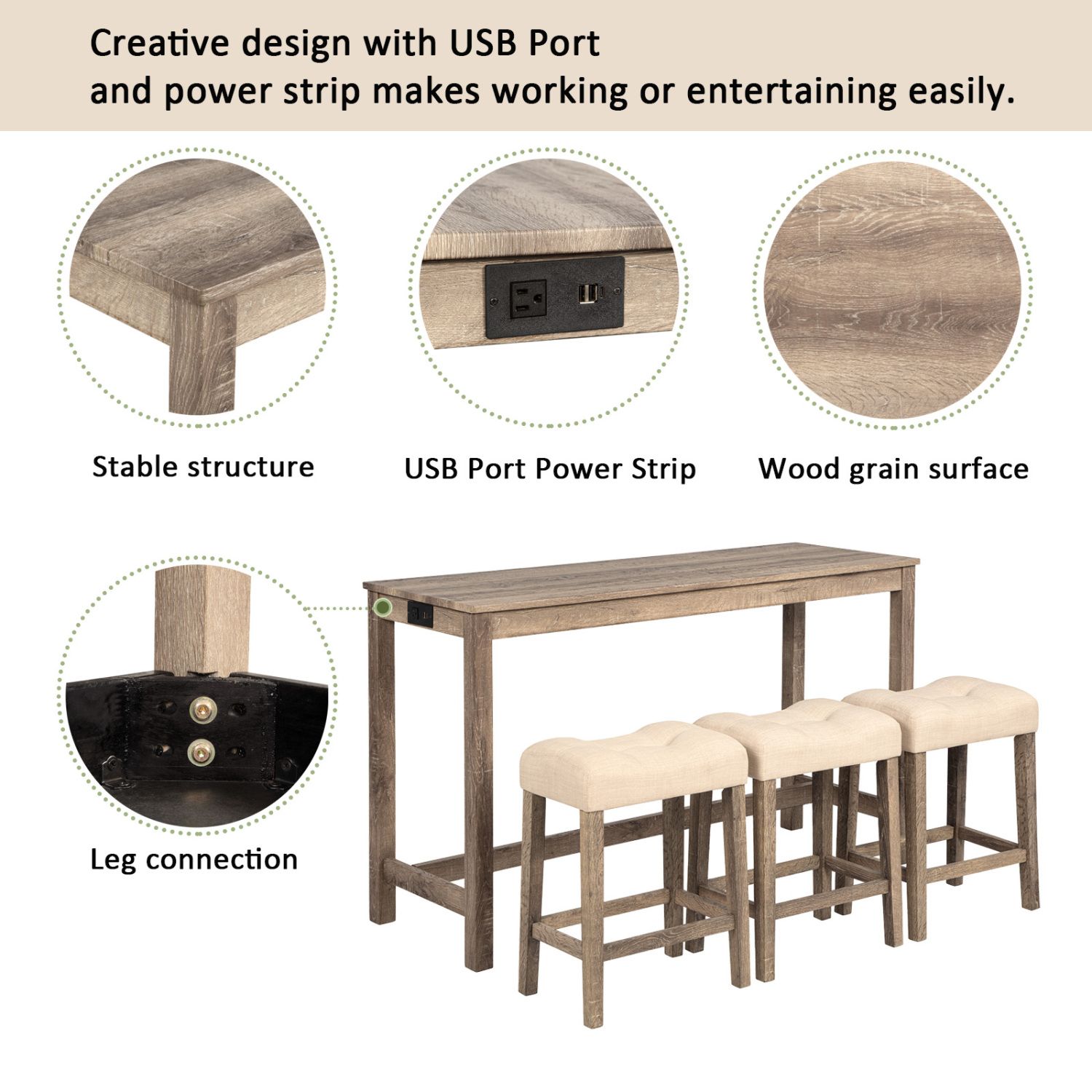 4-Piece Brown Bar Table Set with Power Outlet Dining Table and 3 Padded Stools for Living Room Game Room Use