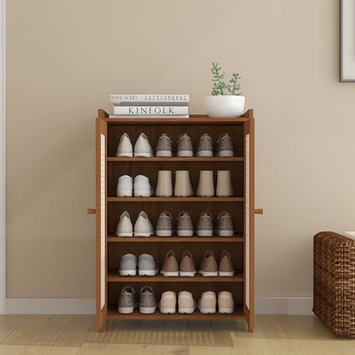 Large 6-Tier Bamboo Shoe Rack Cabinet Convertible Extendable Doors Modern for Home Gym Entryway Hallway Shoe Storage