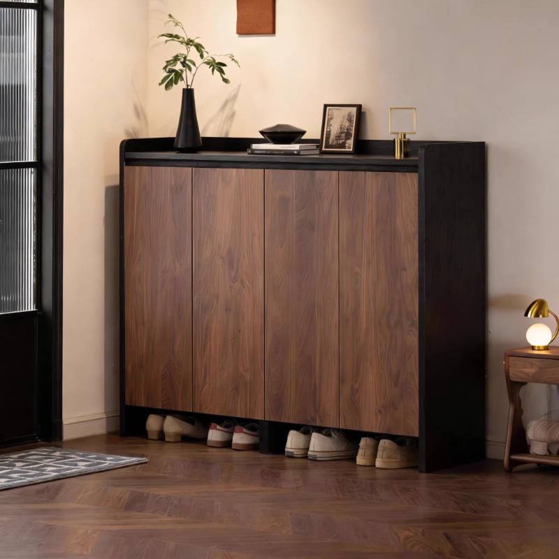 Modern Walnut-Colored Shoe Cabinet Entryway Four-Door Storage Rack with Open Bottom Shelf, Hallway Side Table