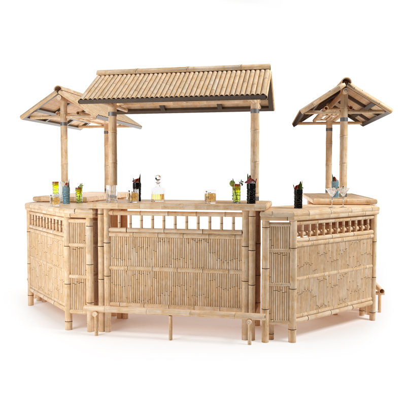 DreamCraft Vietnam Bamboo Tiki Bar Set with Two Stools for Game Room &amp; Garden Leisure Spaces