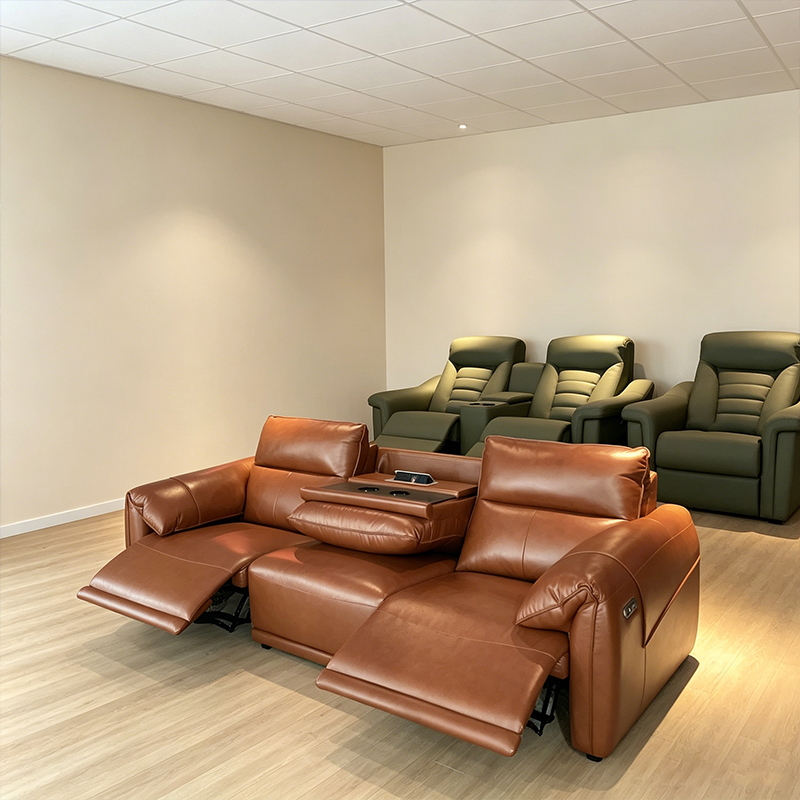 S.Q.F Commercial Leisure Billiard Sofa 2-Person Genuine Leather Recliner Cup Holder Thick Padding High-Back Game Room Bar Home