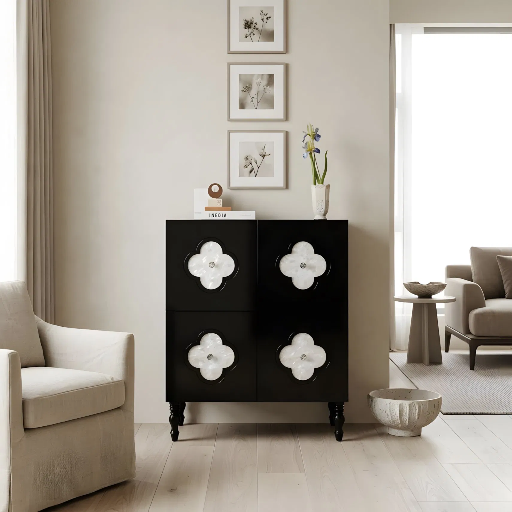 Luxury Black Wooden Accent Cabinet with Decorative Drawers for Bedroom Storage Furniture