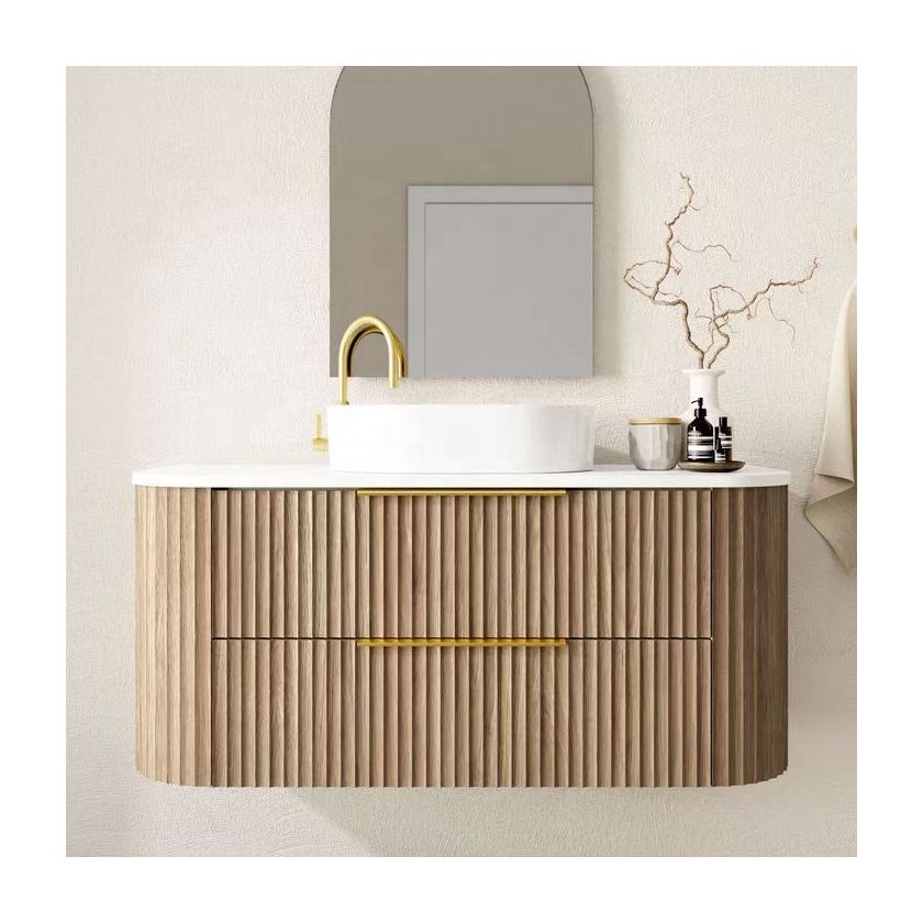 Wholesale Custom High-quality Simple European-style Fluted Curved Luxury Wooden Floating Bathroom Vanity With Sink And Mirror