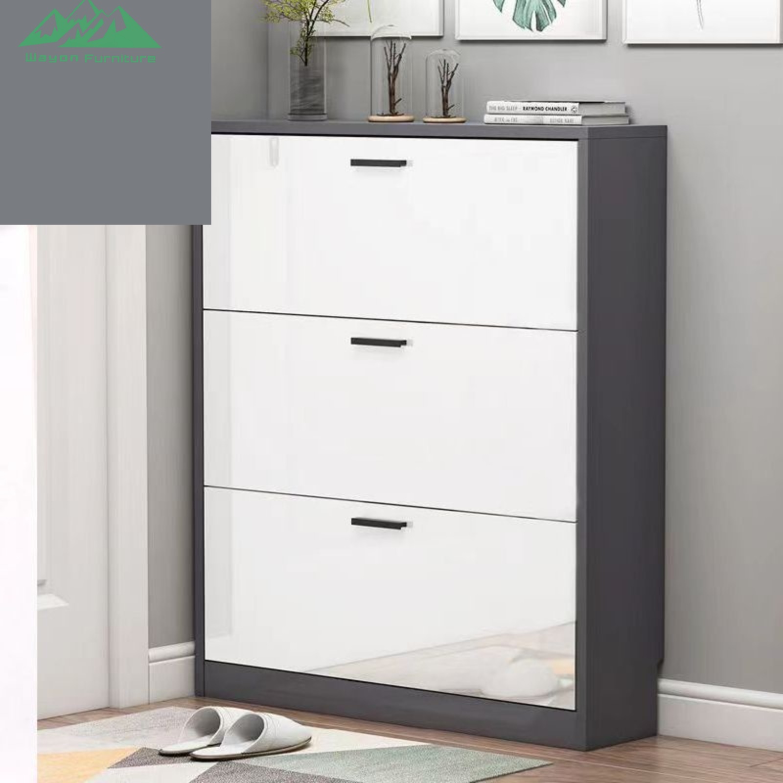 Wayon Sturdy 3-Tier Wooden Shoe Rack with White Drawers and Metal Handles for Entryway Hallway Storage Organizer