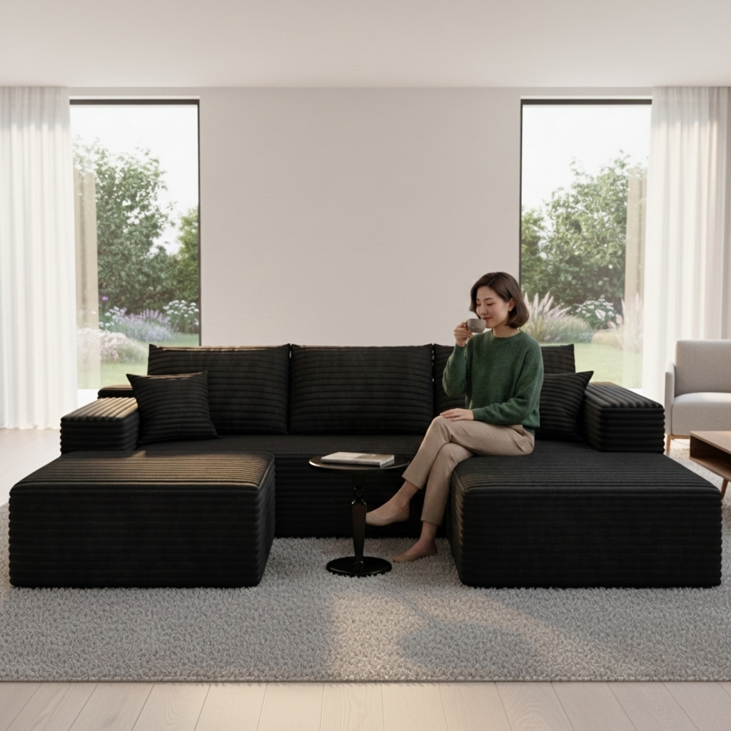 Luxury Boneless Couch U-Shaped Modular Sofa Double Chaise Three Seat Modern Sectional Sofa Corduroy Memory Foam Deep Seat
