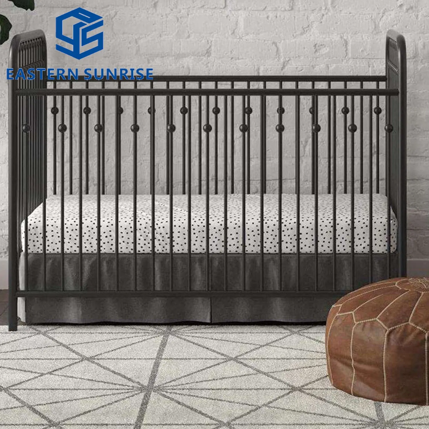 [Factory Direct] Classic Black Iron Baby Cot with Decorative Ball Accents