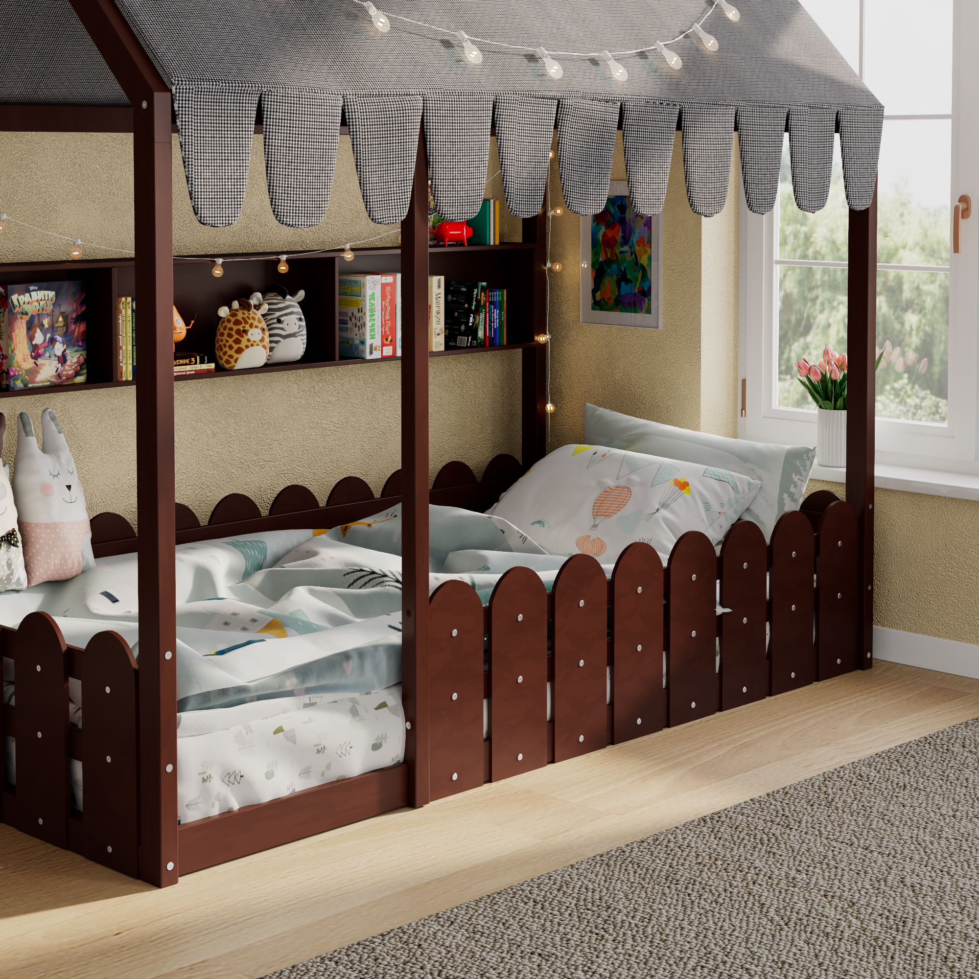 Full Size Montessori House Bed for Kids, Floor Bed with Fence Railings, Tent, Lights &amp; 3 Storage Shelves, Espresso