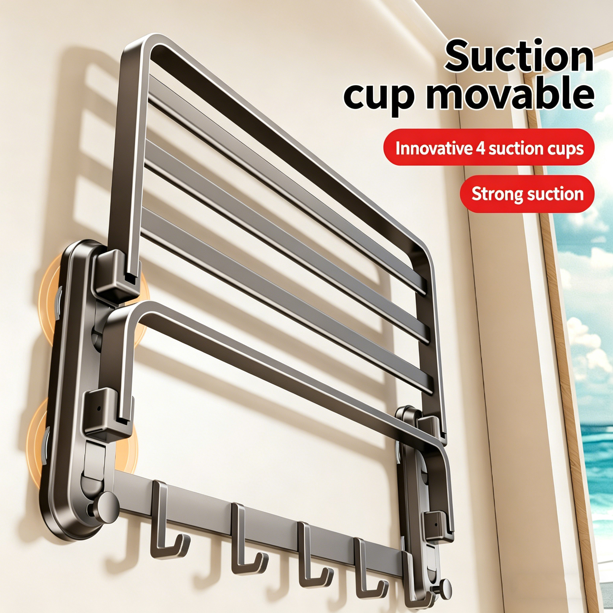 Modern Chrome Eco-Friendly Bathroom Towel Rack Four Suction Cups Punching-free Folding Design Wall-mounted Hotel Apartment