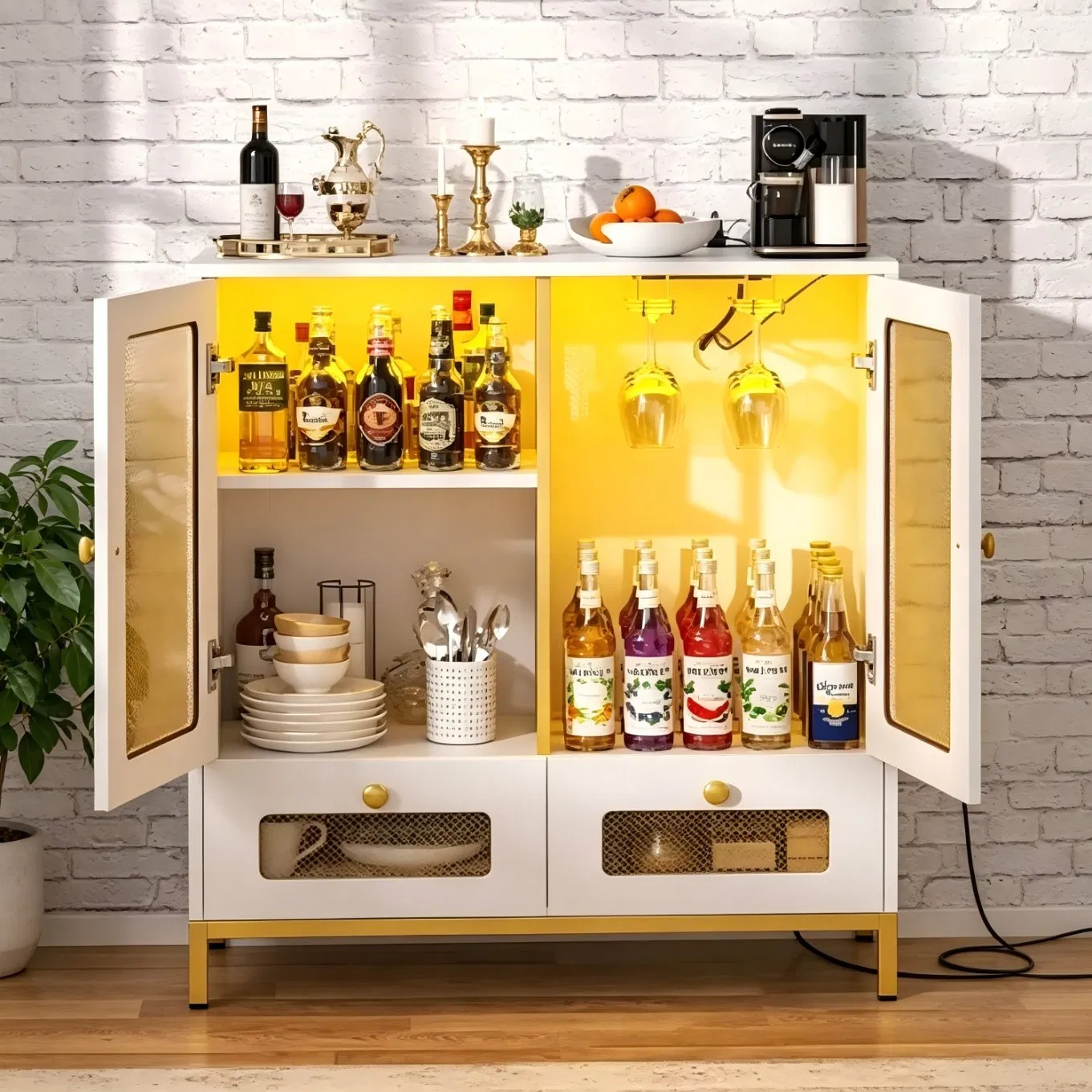 Sleek Modern Furniture White Storage Cabinet: LED-Lit Display Shelves, Double Glass Doors &amp; Decorative Gold Accents