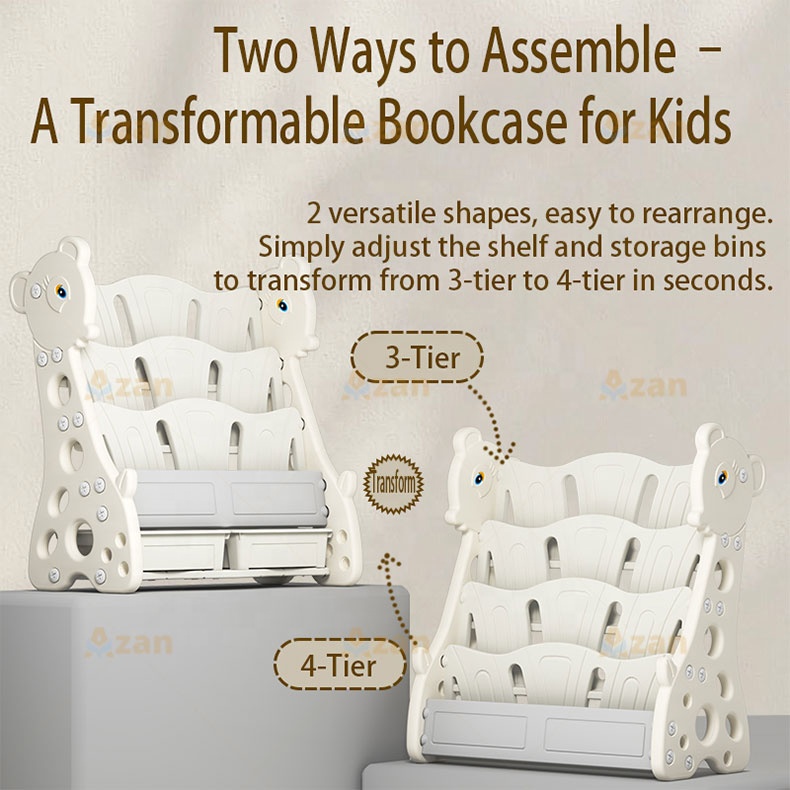 Children's Nursery Furniture Toddler Book and Toy Shelf 4-tier Kids Reading Corner Sling Bookshelf with Storage Bins