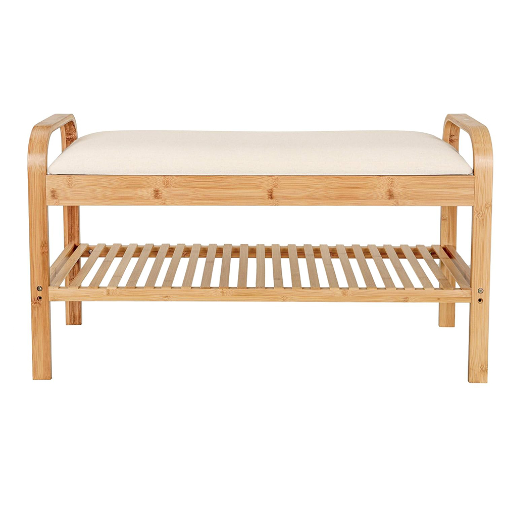Natural Bamboo Modern Multifunction Double Tier Entryway Bench Shoe Rack with Storage Shelf for Hallway Bathroom Living Room