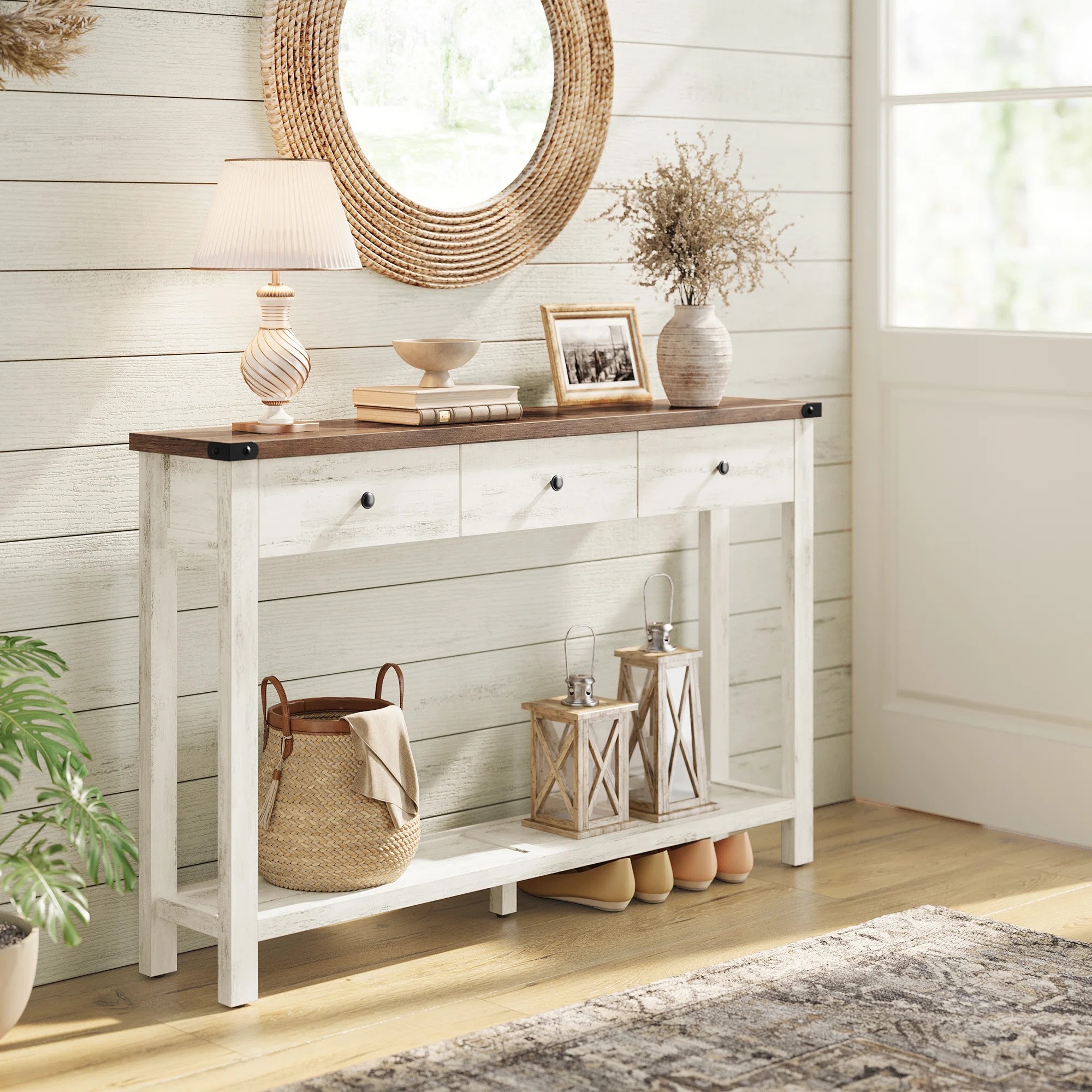 Farmhouse Luxury Narrow Hallway Wood 47.2 Inch Sofa Side Table Entryway Console Table with 3 Drawers Open Shelf Table Storage