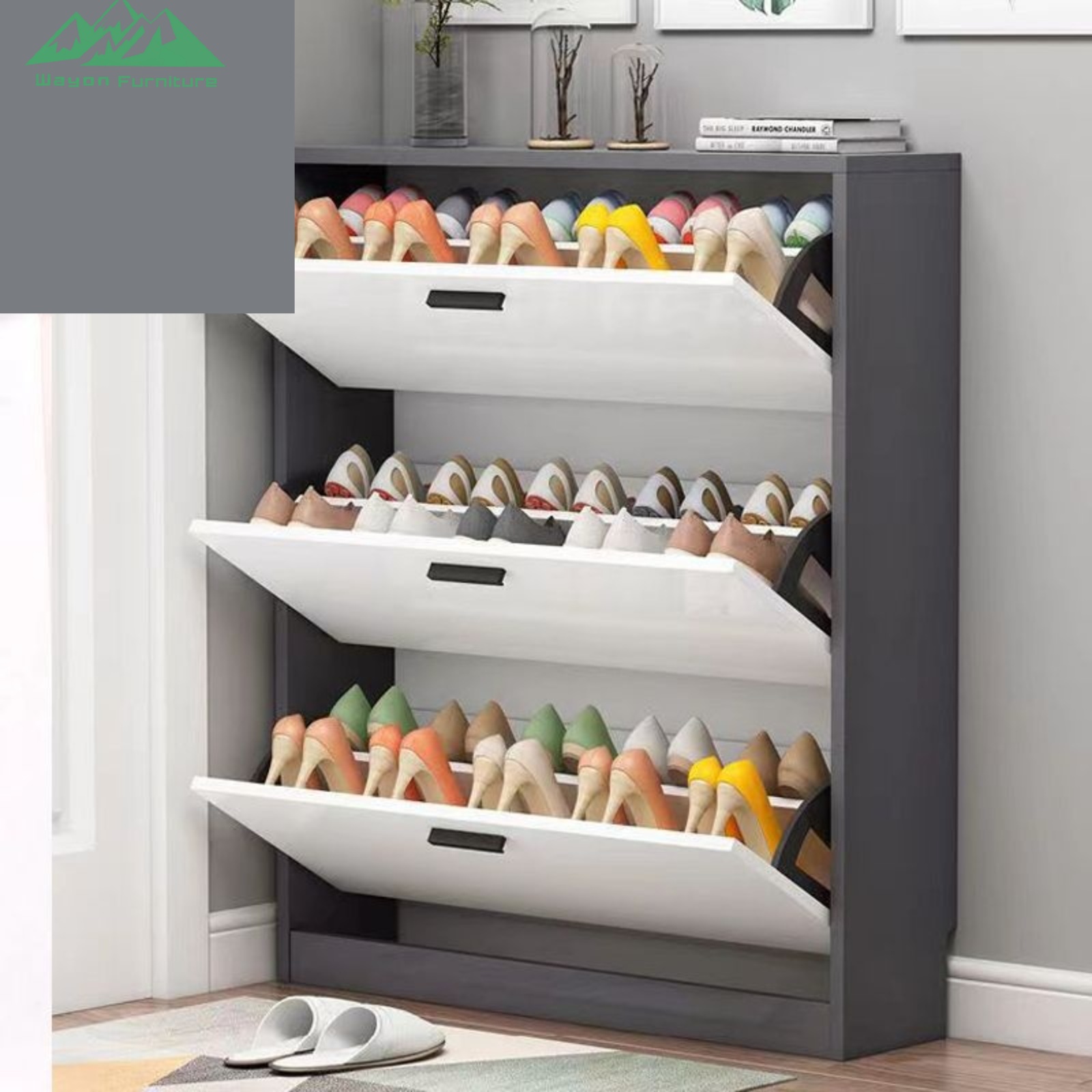 Wayon Sturdy 3-Tier Wooden Shoe Rack with White Drawers and Metal Handles for Entryway Hallway Storage Organizer