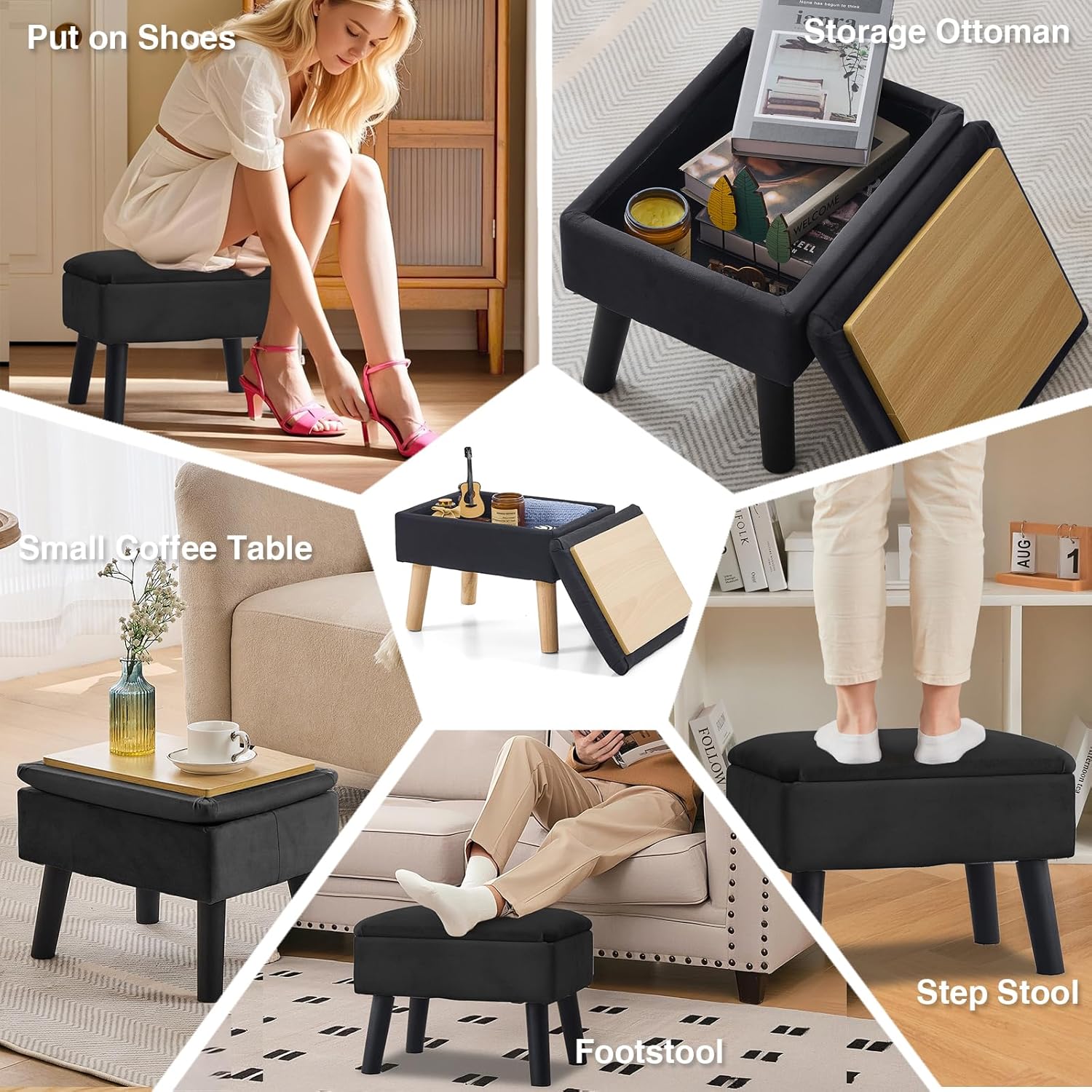 BRIAN DANY Velvet Storage Ottoman with Legs Footstool for Living Room Entryway Office Black Home Furniture