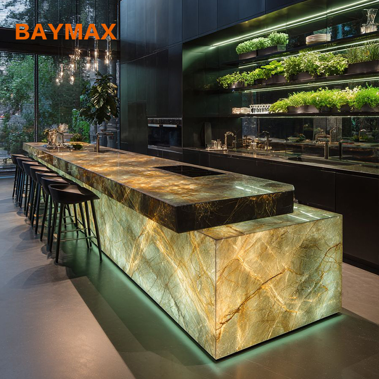Modular Kitchen Joinery LED Light Marble Storage Island Table And Counter Cabinet