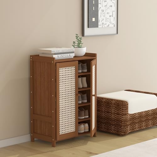 Large 6-Tier Bamboo Shoe Rack Cabinet Convertible Extendable Doors Modern for Home Gym Entryway Hallway Shoe Storage