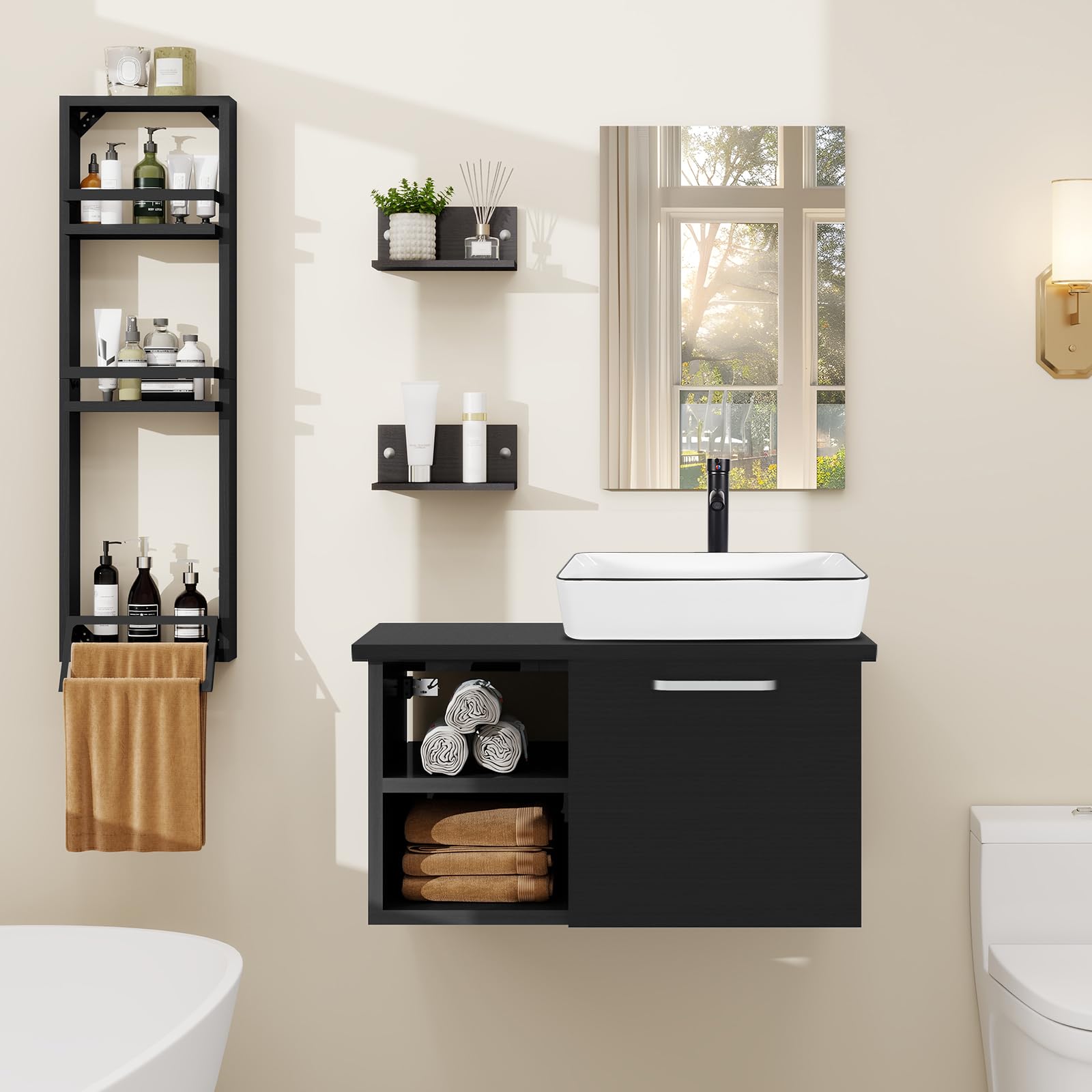 71 cm White Bathroom Furniture Set 3-Tier Shower Shelf 2 Wall Shelves Basin Floor Cabinet Bathroom Vanity Set