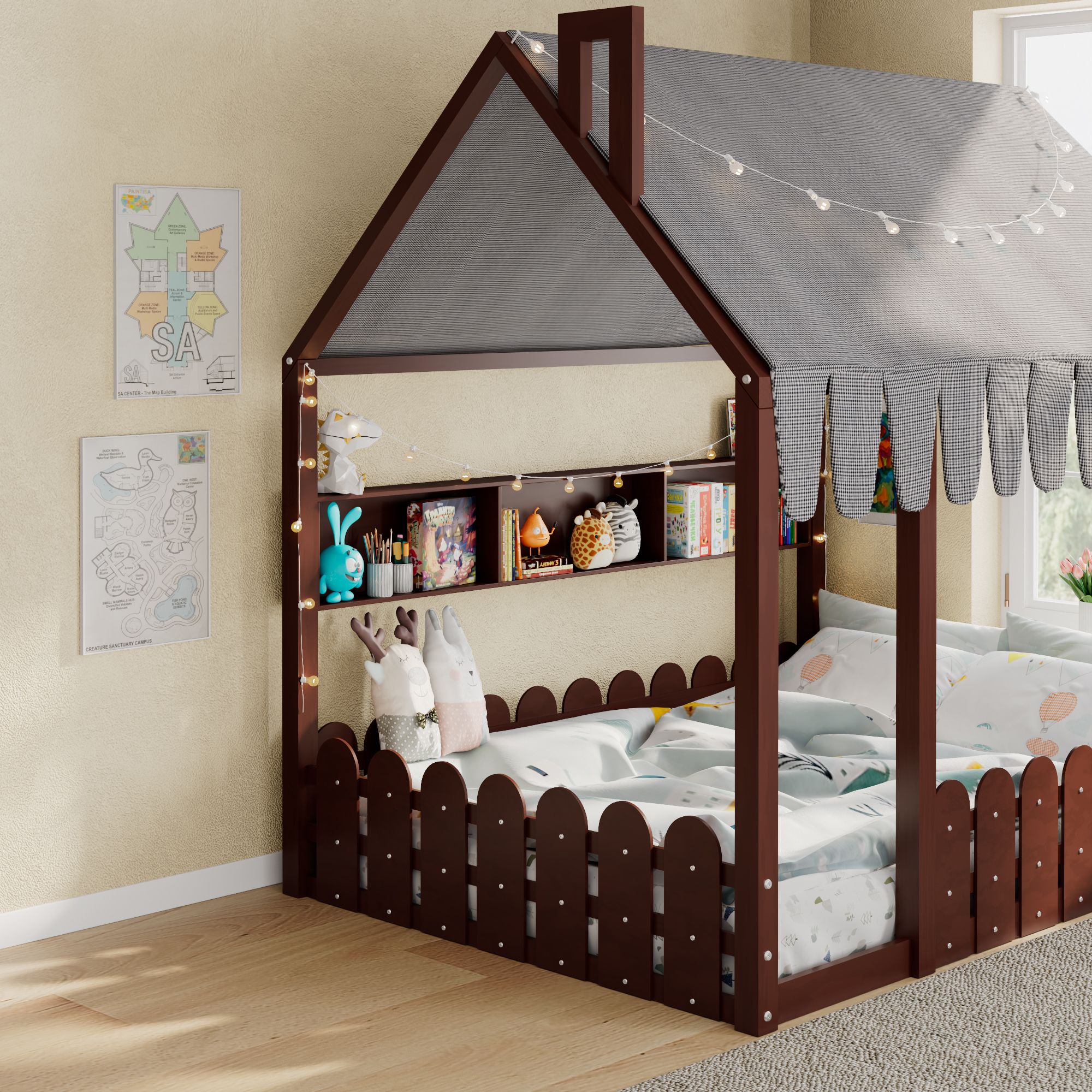 Full Size Montessori House Bed for Kids, Floor Bed with Fence Railings, Tent, Lights &amp; 3 Storage Shelves, Espresso