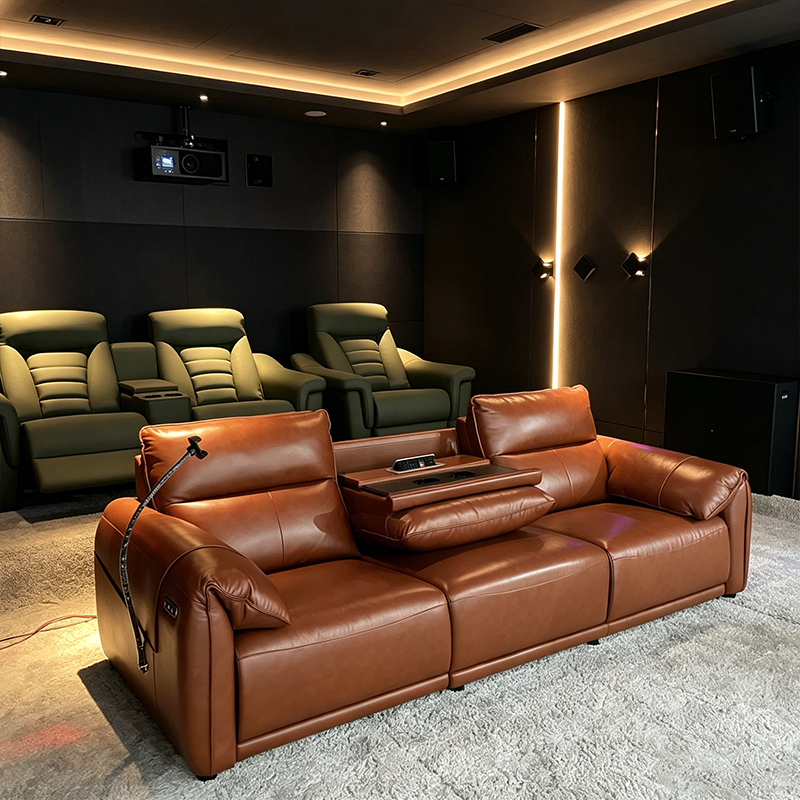 S.Q.F Commercial Leisure Billiard Sofa 2-Person Genuine Leather Recliner Cup Holder Thick Padding High-Back Game Room Bar Home