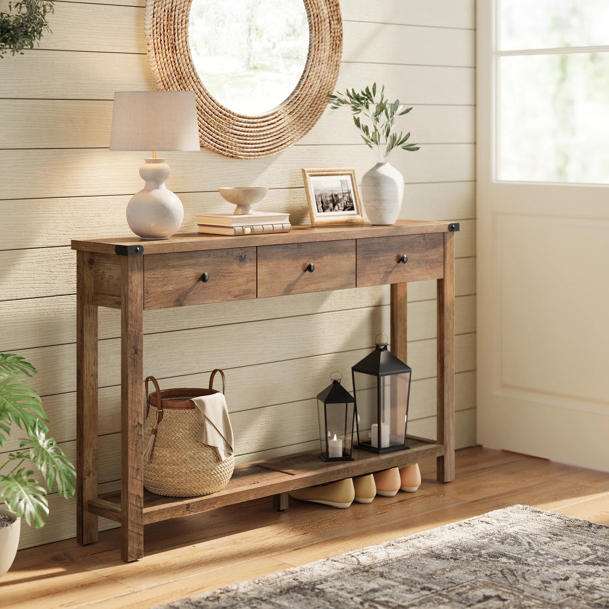 Farmhouse Luxury Narrow Hallway Wood 47.2 Inch Sofa Side Table Entryway Console Table with 3 Drawers Open Shelf Table Storage