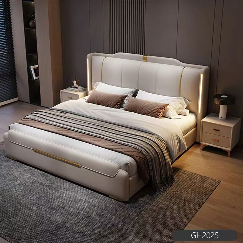 Luxury Modern King Size Soft Bed Frame Leather Solid Wood Double Queen Bed with Storage for Bedroom Furniture for Home or Hotel