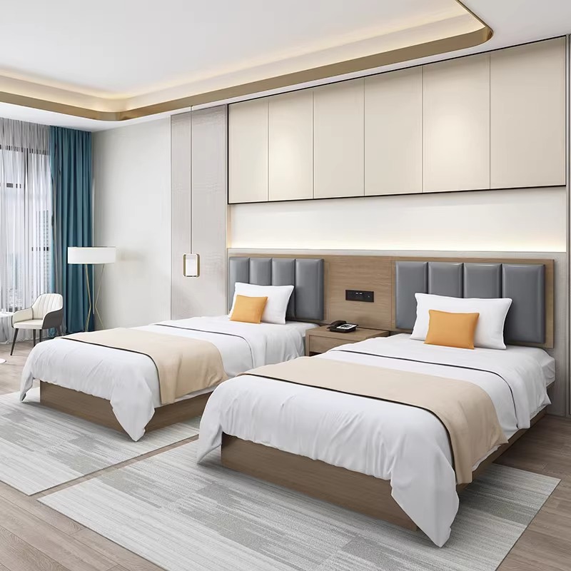 LINOU Modern Wood Panel Bedroom Furniture Set Twin Beds Wall Bed TV Luggage Rack-Eco-Friendly Faux Leather Upholstery Regular