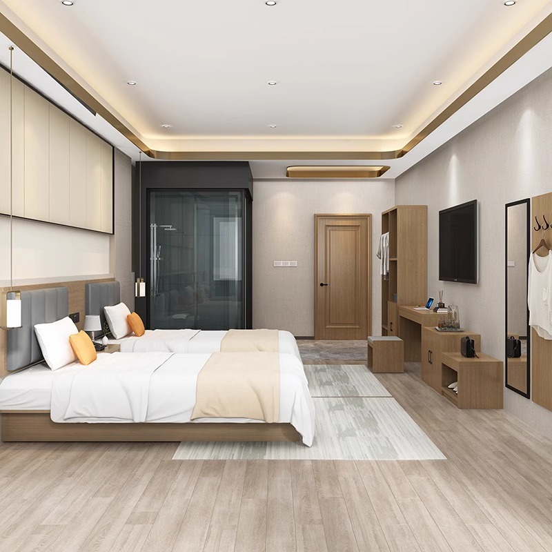 LINOU Modern Wood Panel Bedroom Furniture Set Twin Beds Wall Bed TV Luggage Rack-Eco-Friendly Faux Leather Upholstery Regular