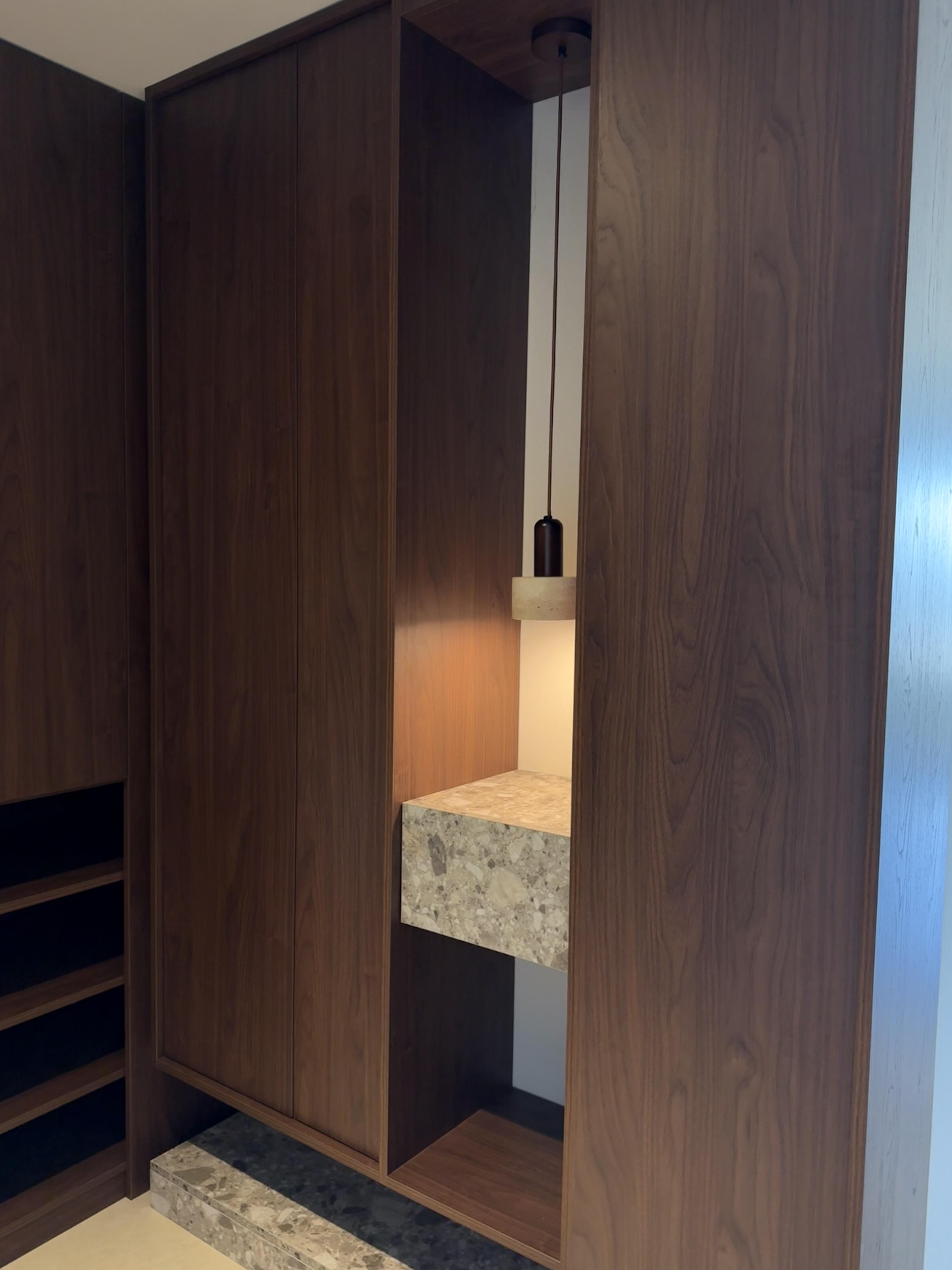 Custom Walnut Wood Built-in Shoe Cabinet - Modern Minimalist Entryway Storage with Slatted Design