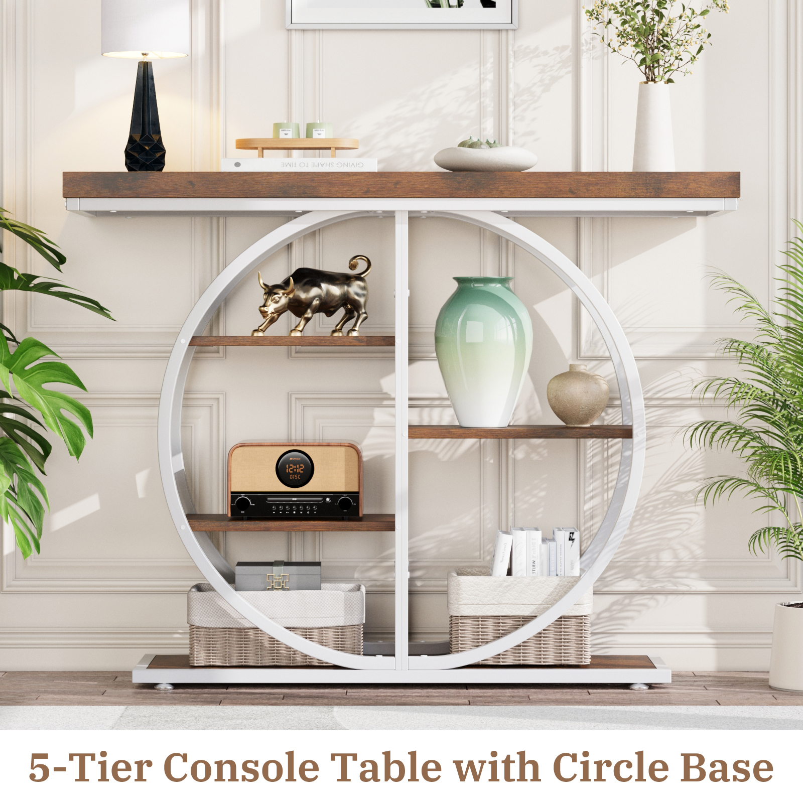 5-Tier Industrial Console Table with Circle Base, Rustic Wood and Metal Entryway Table for Living Room Hallway