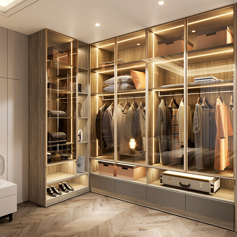 Luxury Walk-in Closet with Glass Doors Modern Minimalist Solid Wood Wardrobe Eco-friendly for Bedroom &amp; Apartment Home Furniture