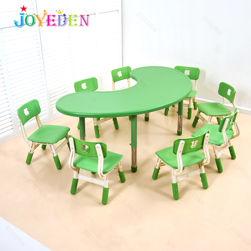 Wholesale Colorful Indoor Plastic Adjustable Height Moon Shape Kids Party Table and Chair Set Kindergarten Furniture