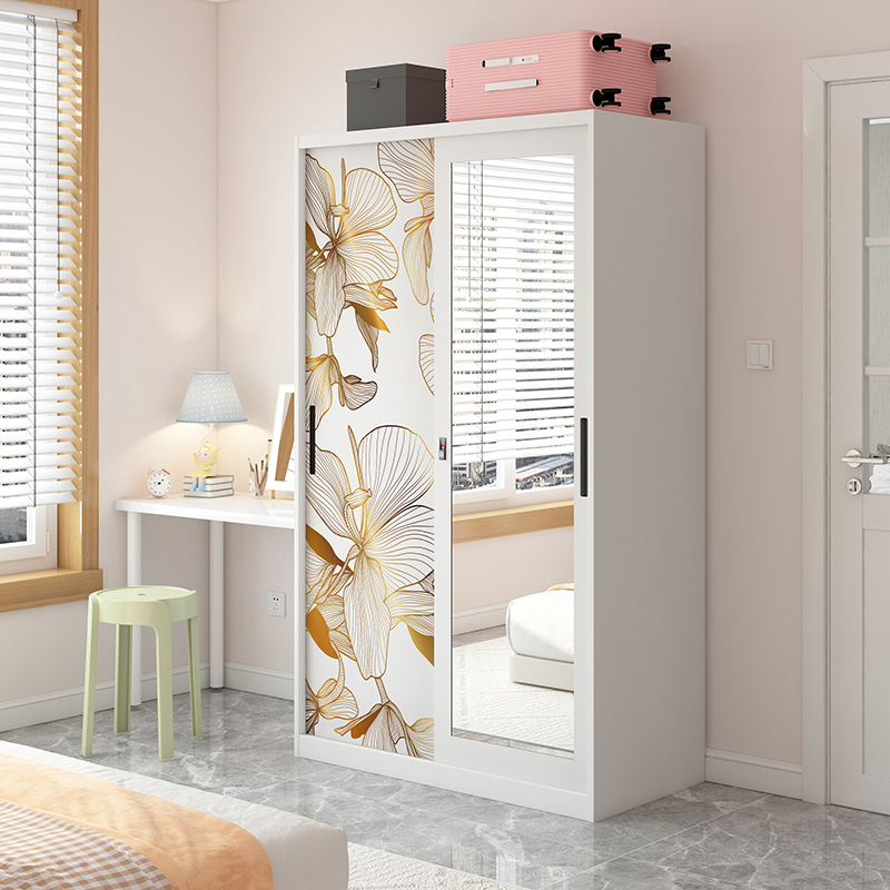 Bedroom Furniture: Sliding Metal Wardrobe with Mirror and Printed Steel Cabinet