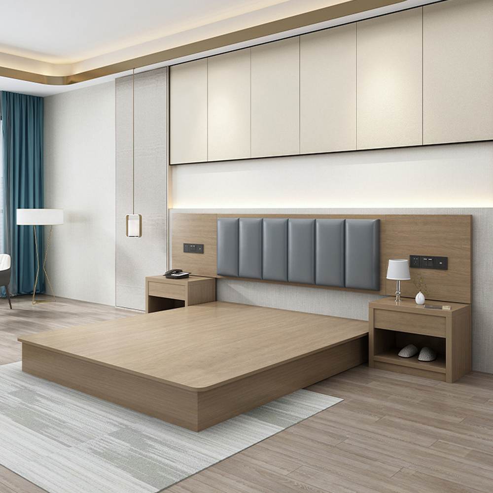 LINOU Modern Wood Panel Bedroom Furniture Set Twin Beds Wall Bed TV Luggage Rack-Eco-Friendly Faux Leather Upholstery Regular
