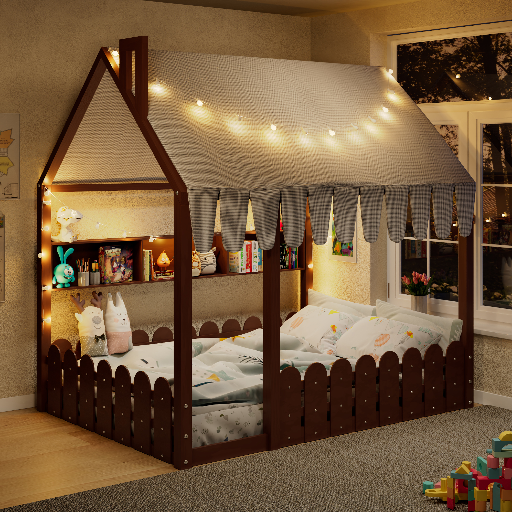 Full Size Montessori House Bed for Kids, Floor Bed with Fence Railings, Tent, Lights &amp; 3 Storage Shelves, Espresso