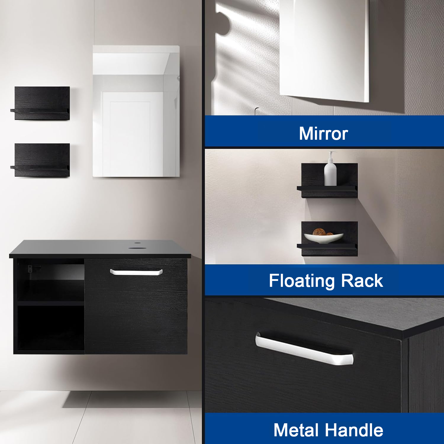 71 cm White Bathroom Furniture Set 3-Tier Shower Shelf 2 Wall Shelves Basin Floor Cabinet Bathroom Vanity Set