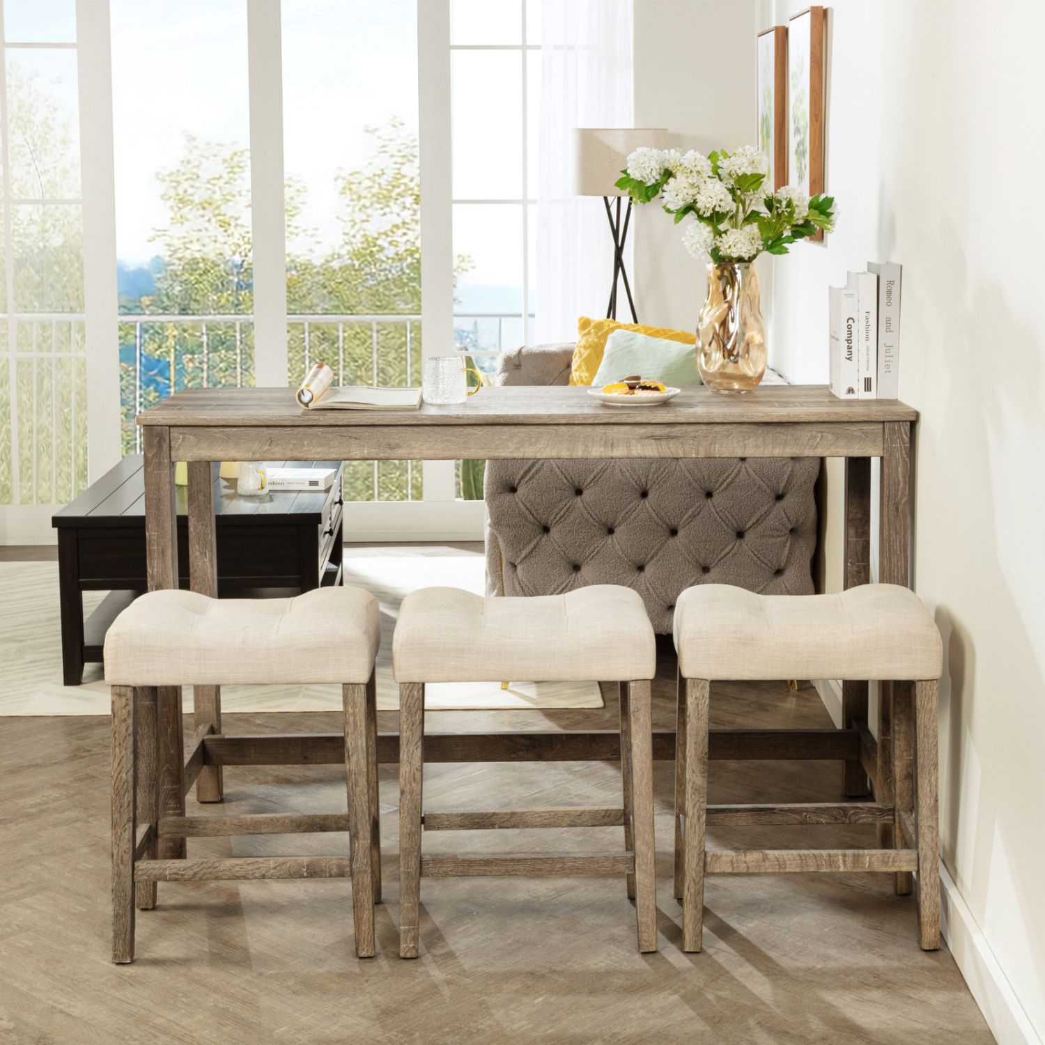 4-Piece Brown Bar Table Set with Power Outlet Dining Table and 3 Padded Stools for Living Room Game Room Use
