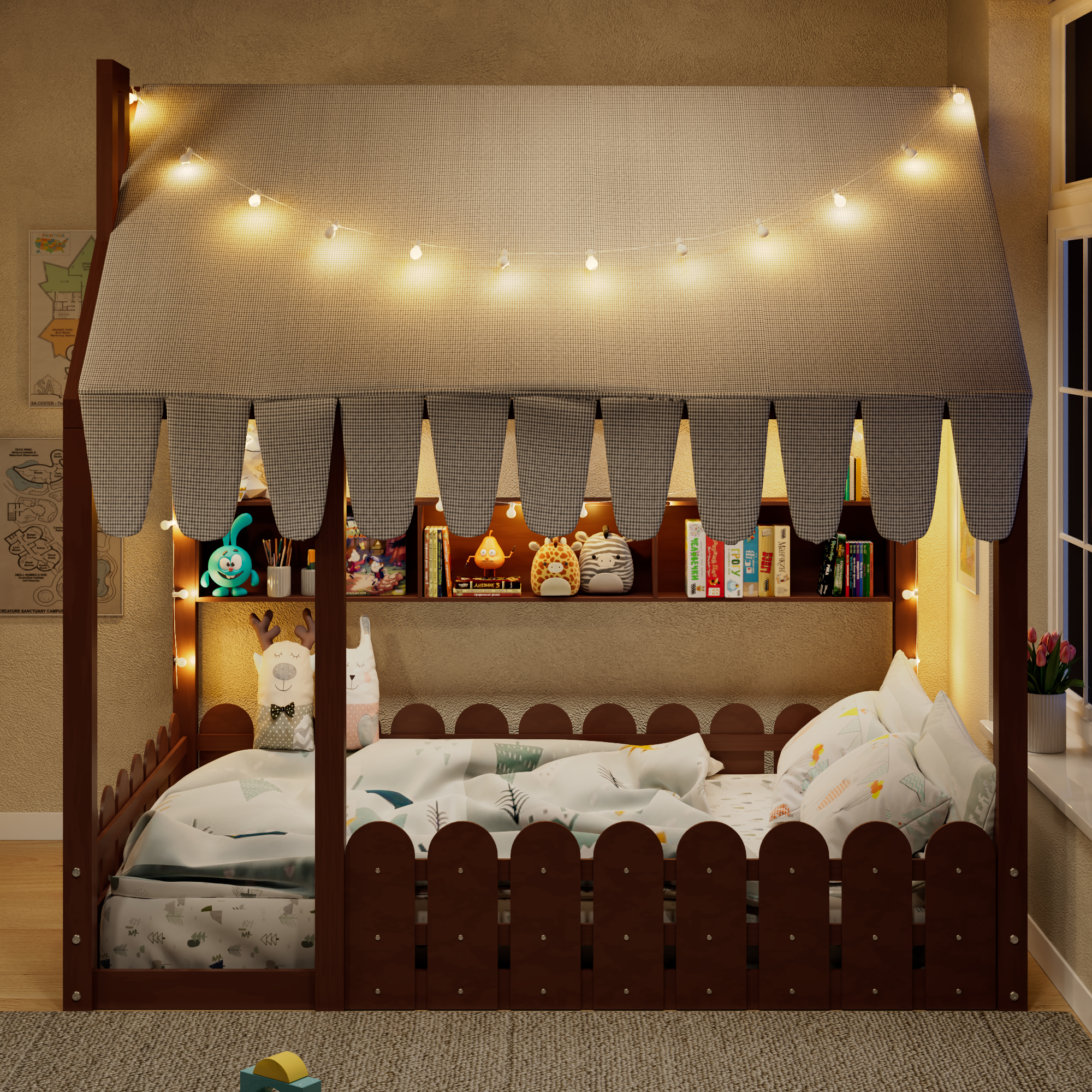 Full Size Montessori House Bed for Kids, Floor Bed with Fence Railings, Tent, Lights &amp; 3 Storage Shelves, Espresso