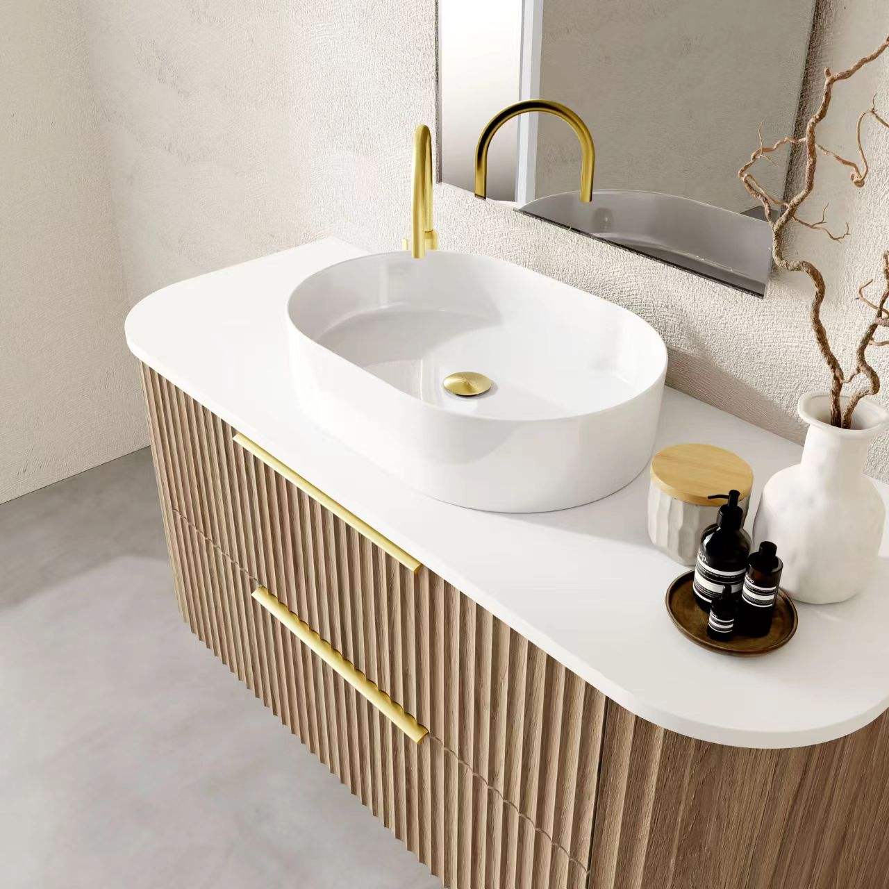 Wholesale Custom High-quality Simple European-style Fluted Curved Luxury Wooden Floating Bathroom Vanity With Sink And Mirror