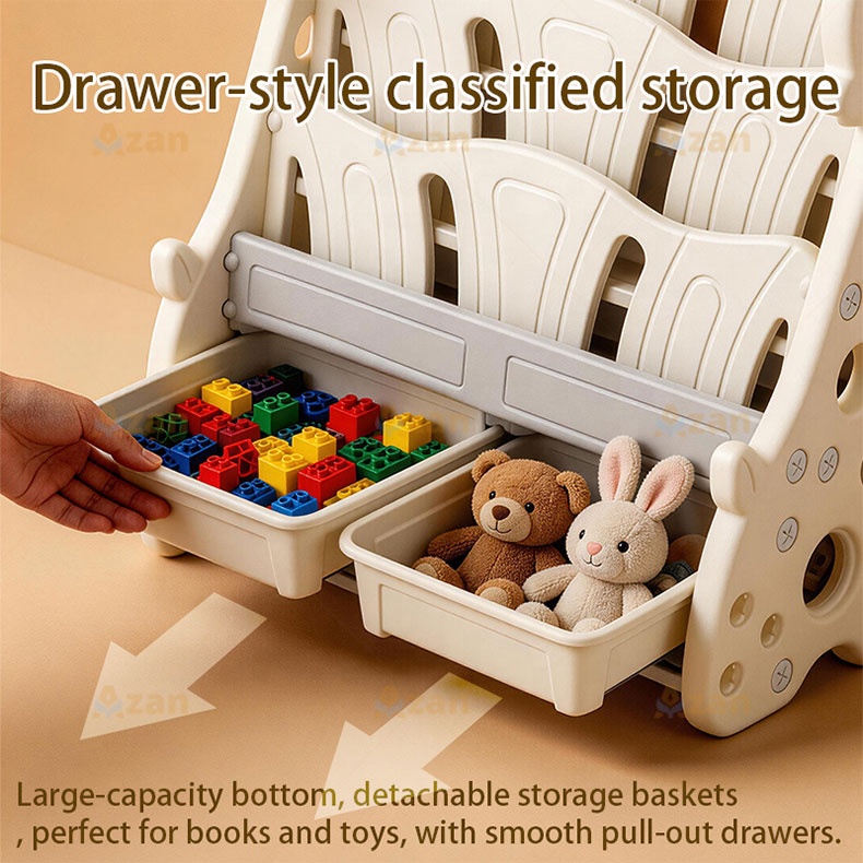 Children's Nursery Furniture Toddler Book and Toy Shelf 4-tier Kids Reading Corner Sling Bookshelf with Storage Bins