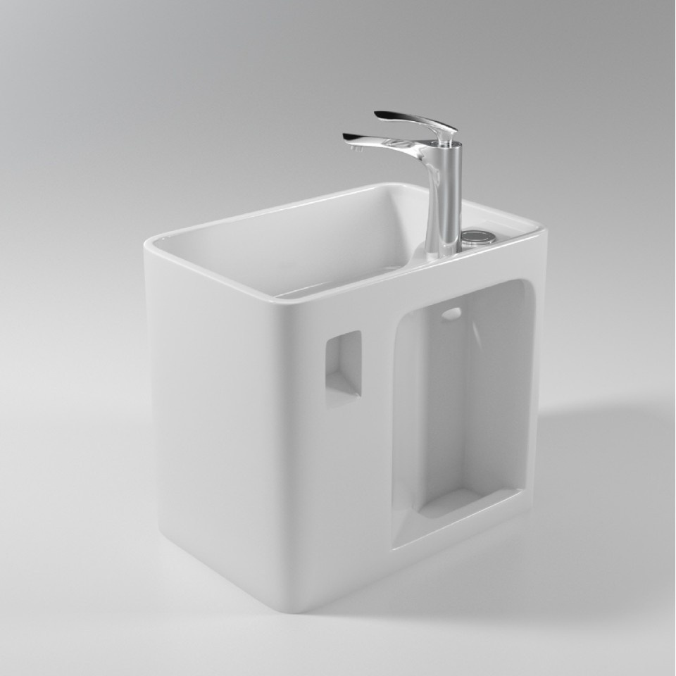 Wall-mounted Washbasin Integrated Ceramic Storage Rectangle Bathroom Cabinet Modern Simple Style Glossy White Finish