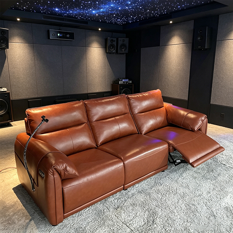 S.Q.F Commercial Leisure Billiard Sofa 2-Person Genuine Leather Recliner Cup Holder Thick Padding High-Back Game Room Bar Home