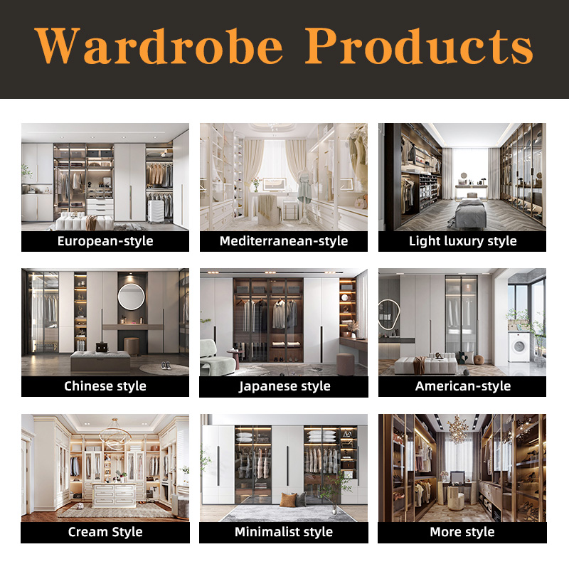 Factory Custom French Luxury Walk-in Closet, Gold Trim Glass Door Wardrobe With LED Lighting Bedroom Walk-in Closet