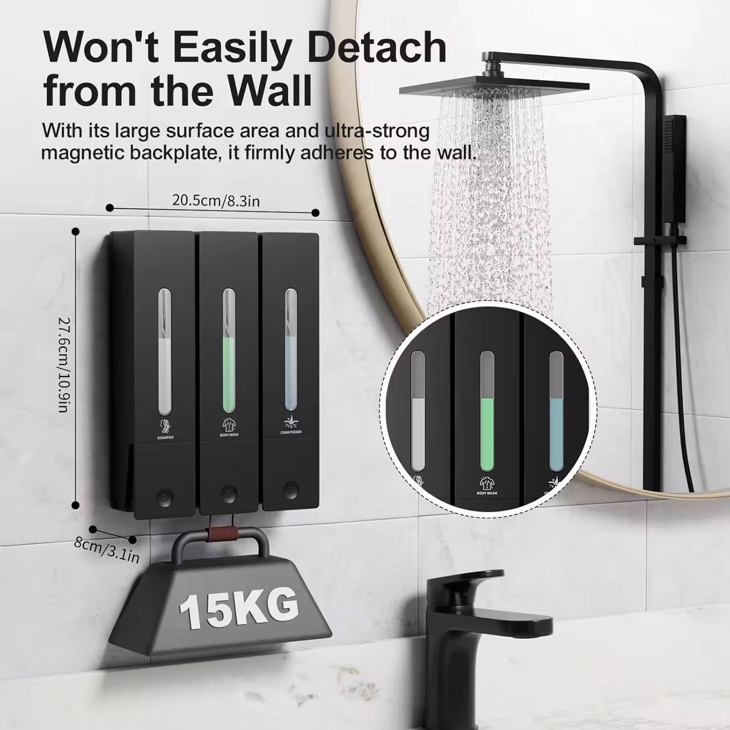 400ml Luxury 3-in-1 Wall Mount Liquid Hand Soap Dispenser Shampoo Conditioner Holder Bathrooms No Drilling Required 3 Bottle