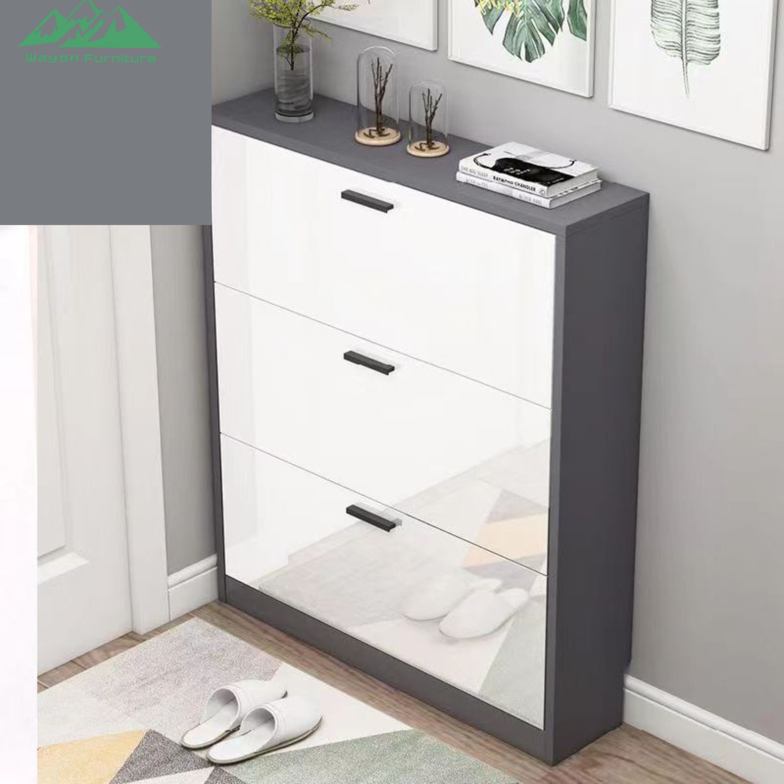 Wayon Sturdy 3-Tier Wooden Shoe Rack with White Drawers and Metal Handles for Entryway Hallway Storage Organizer
