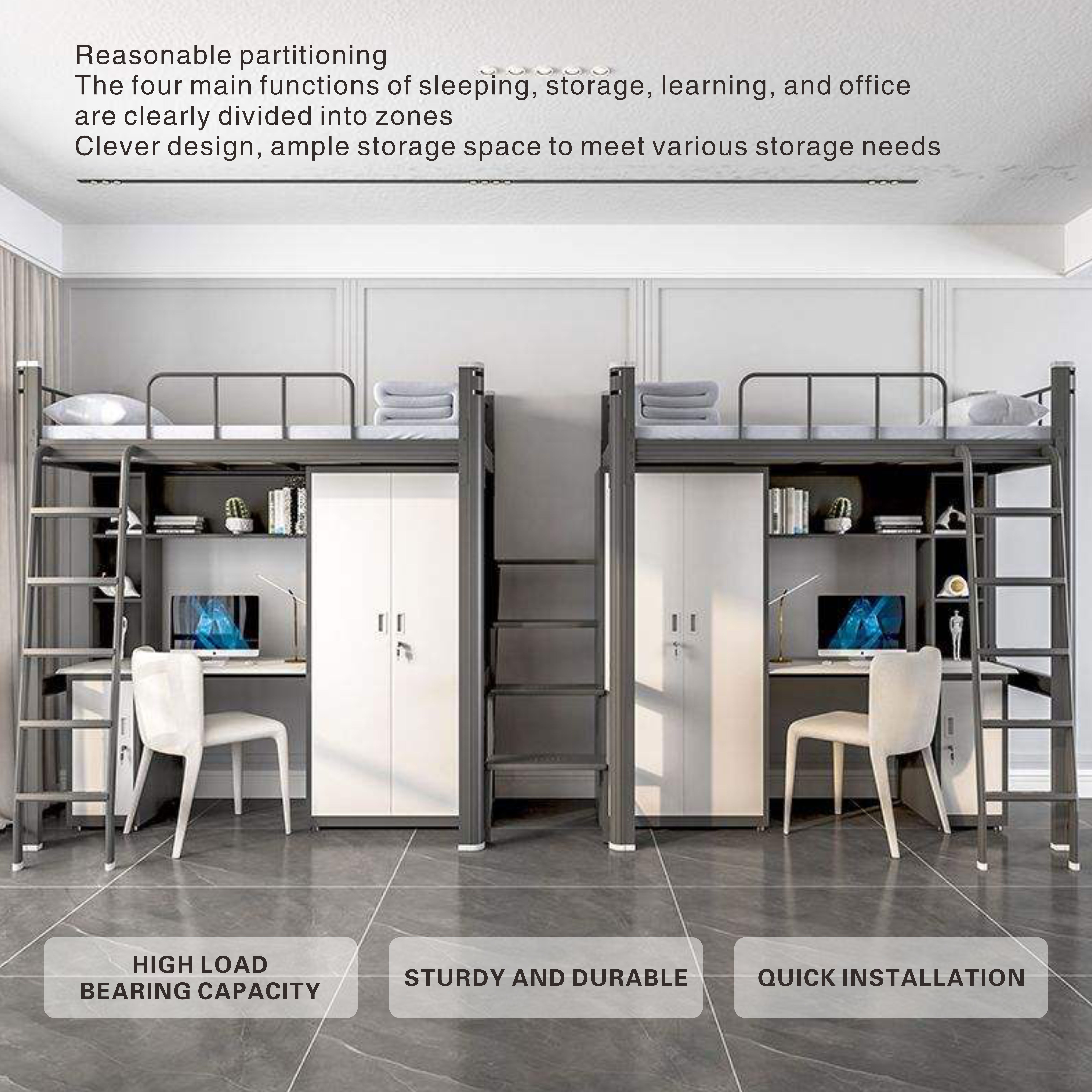 Space Saving Metal Bunk for Small Bedroom Features PC Rack and Clothes Cabinet Loft Bed with Desk