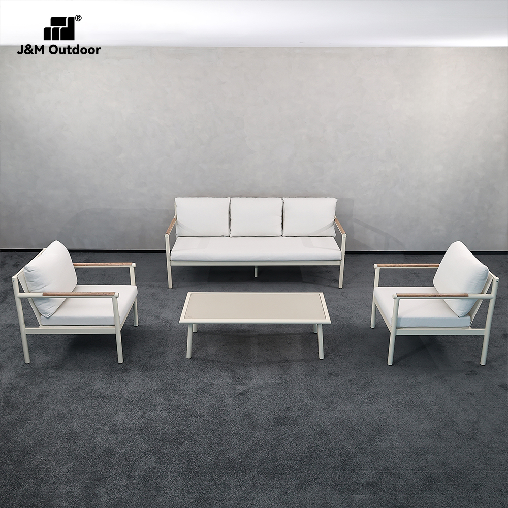 J&amp;M Outdoor Modern Minimalist 5-Piece Aluminum Wood-Look Seating Furniture Set with Table for Bedroom Park Backyard Poolside Use