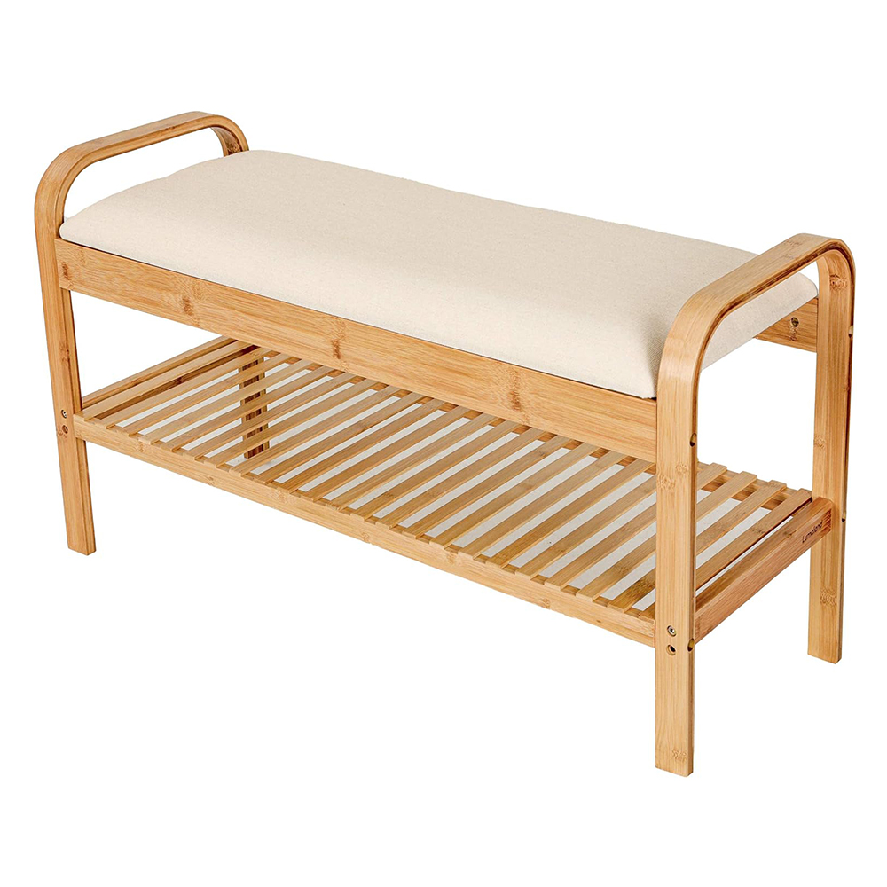Natural Bamboo Modern Multifunction Double Tier Entryway Bench Shoe Rack with Storage Shelf for Hallway Bathroom Living Room
