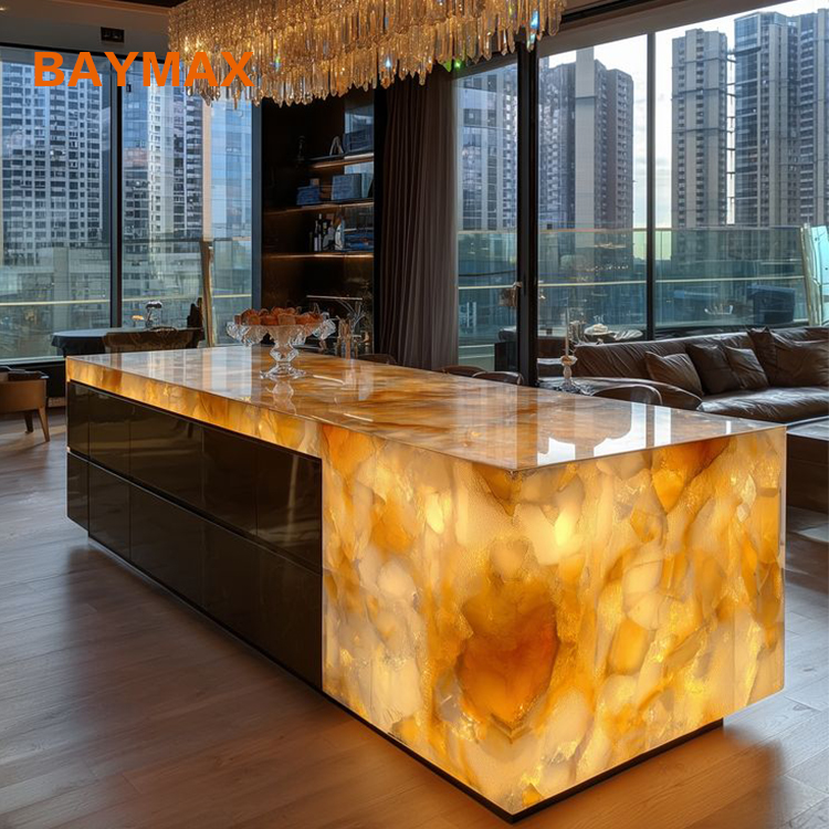 Modular Kitchen Joinery LED Light Marble Storage Island Table And Counter Cabinet